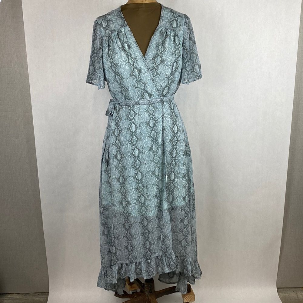 NWT Dee Elly Tie Accent Wrap Dress Snake Print Sheer Maxi